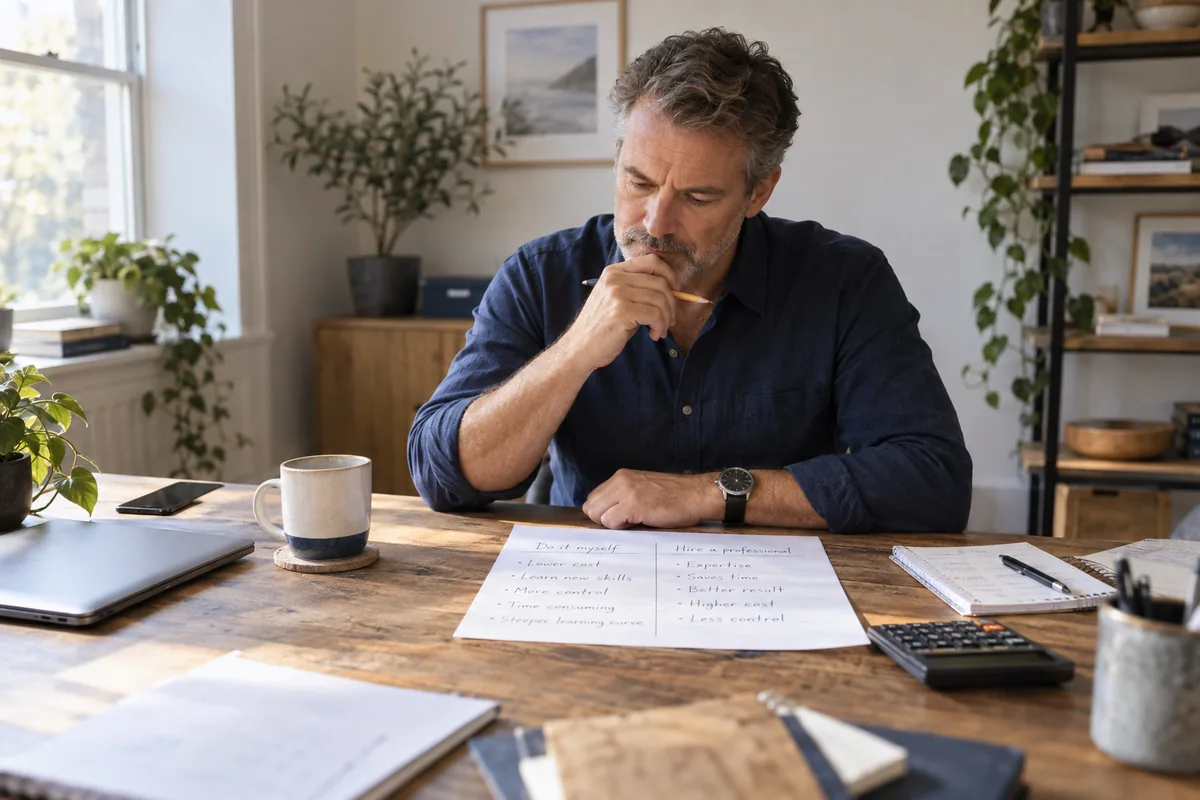 Business owner weighing whether to build a website or hire a professional