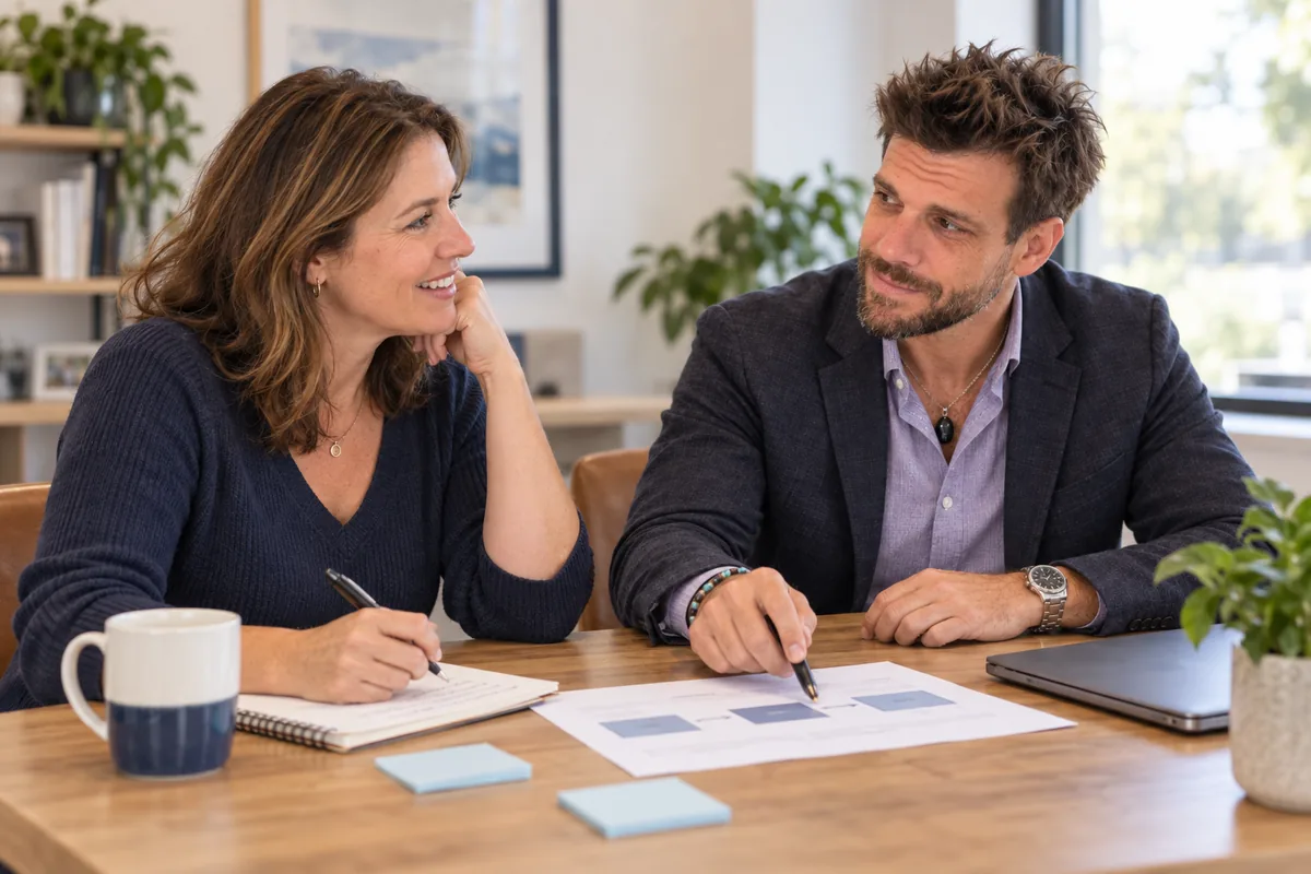 Illustrative scene of a business owner talking through a website plan with an advisor