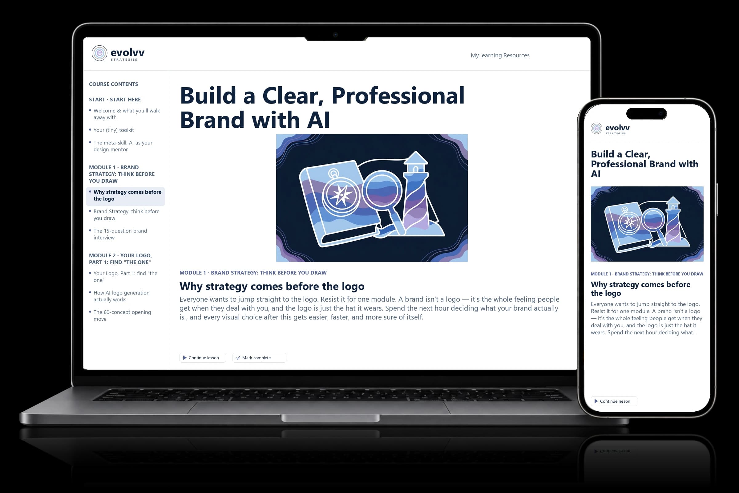 Build a Clear, Professional Brand with AI course shown on laptop and phone