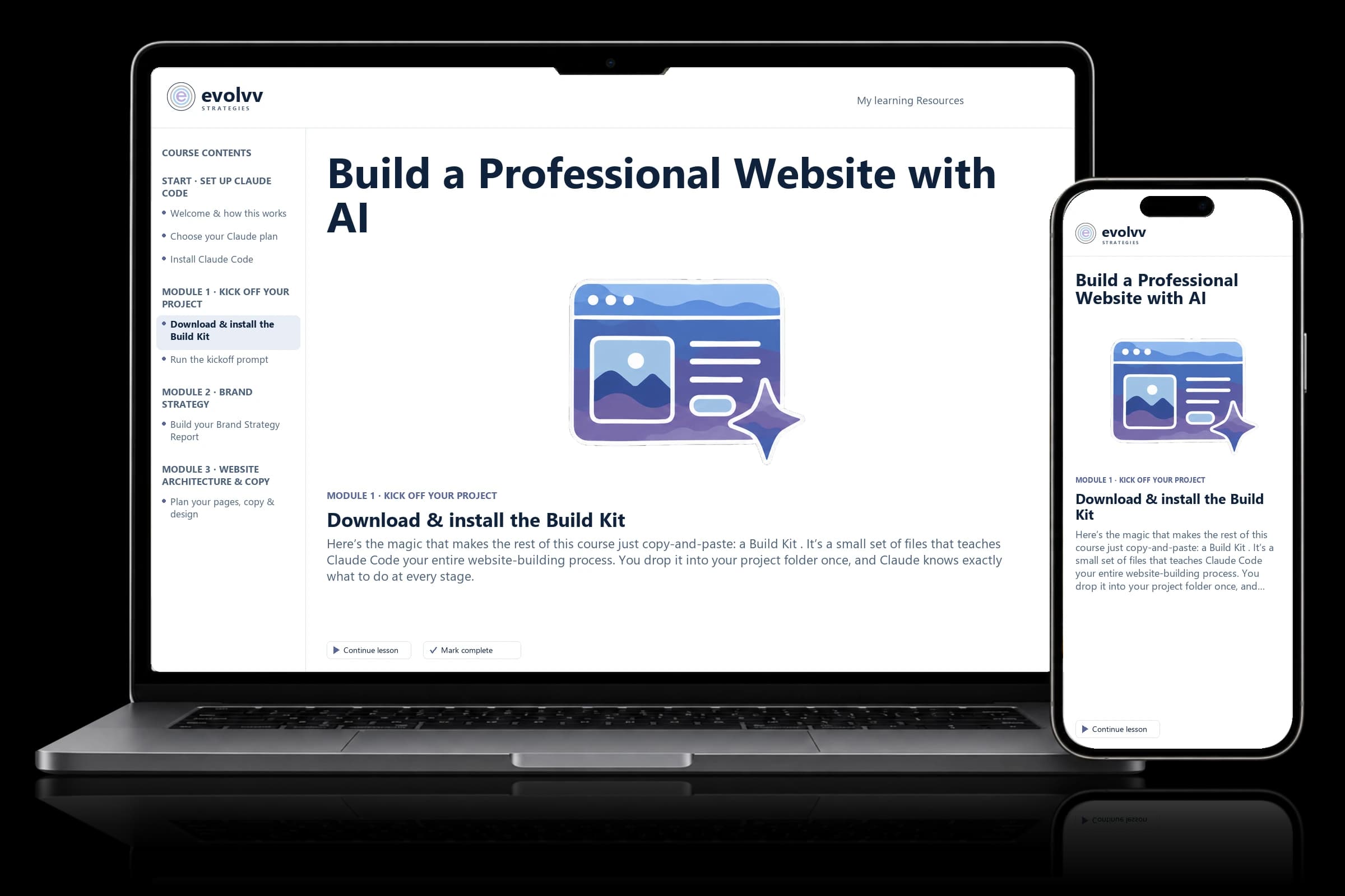 Build a Professional Website with AI course shown on laptop and phone
