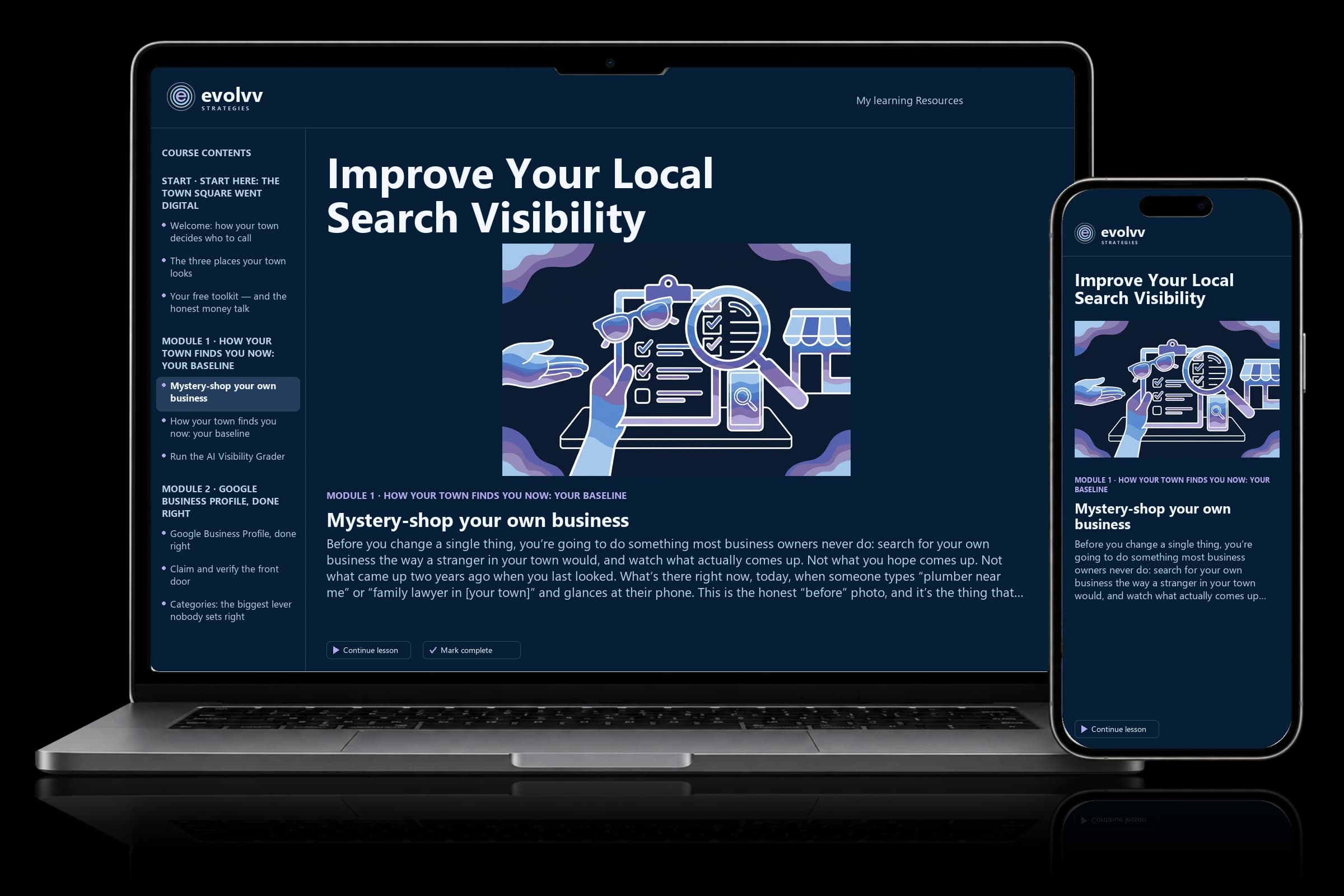 Improve Your Local Search Visibility course shown on laptop and phone
