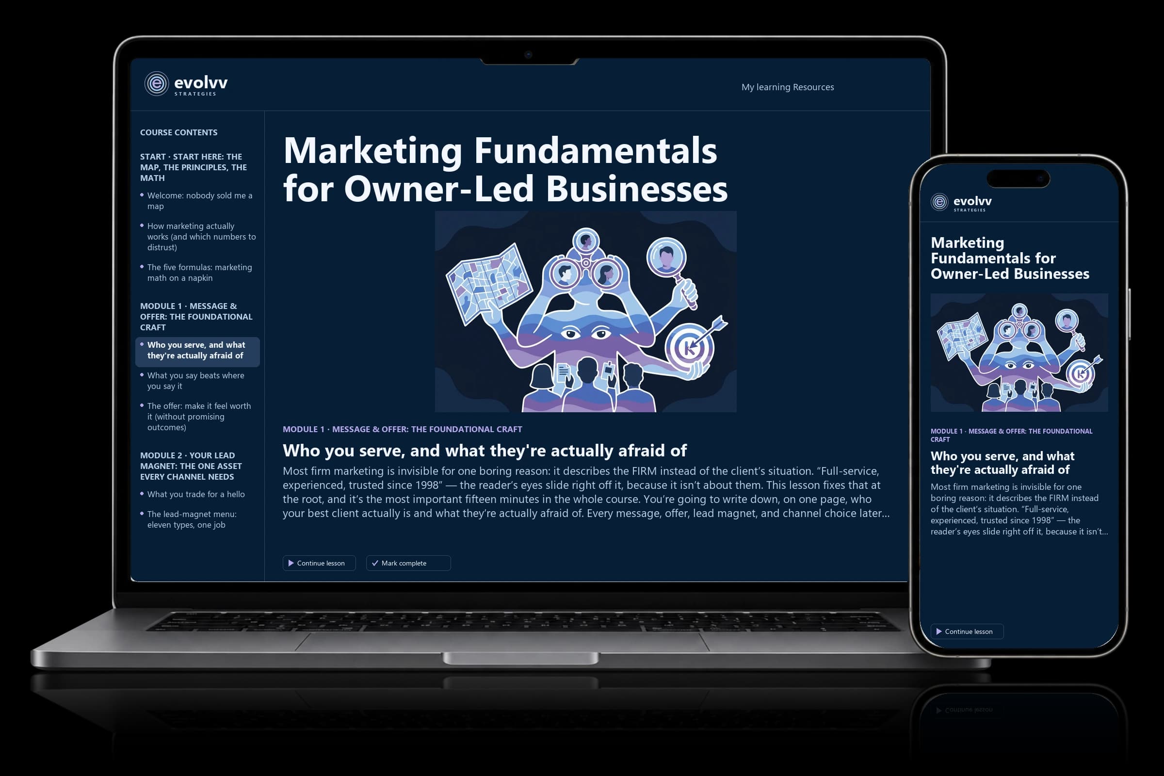 Marketing Fundamentals for Owner-Led Businesses course shown on laptop and phone