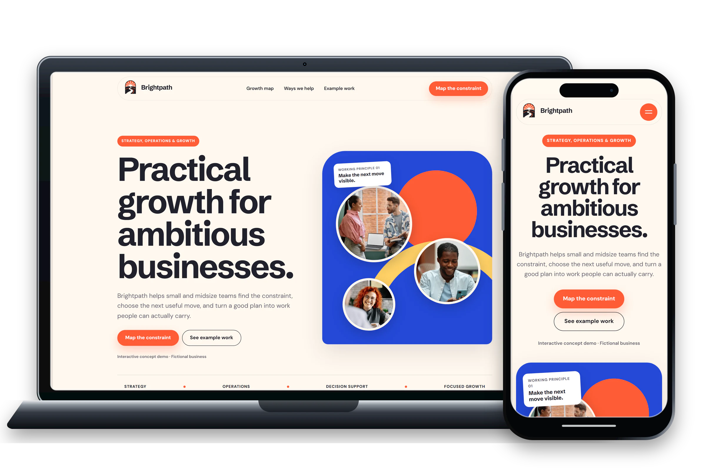 Brightpath website design shown on laptop and phone screens
