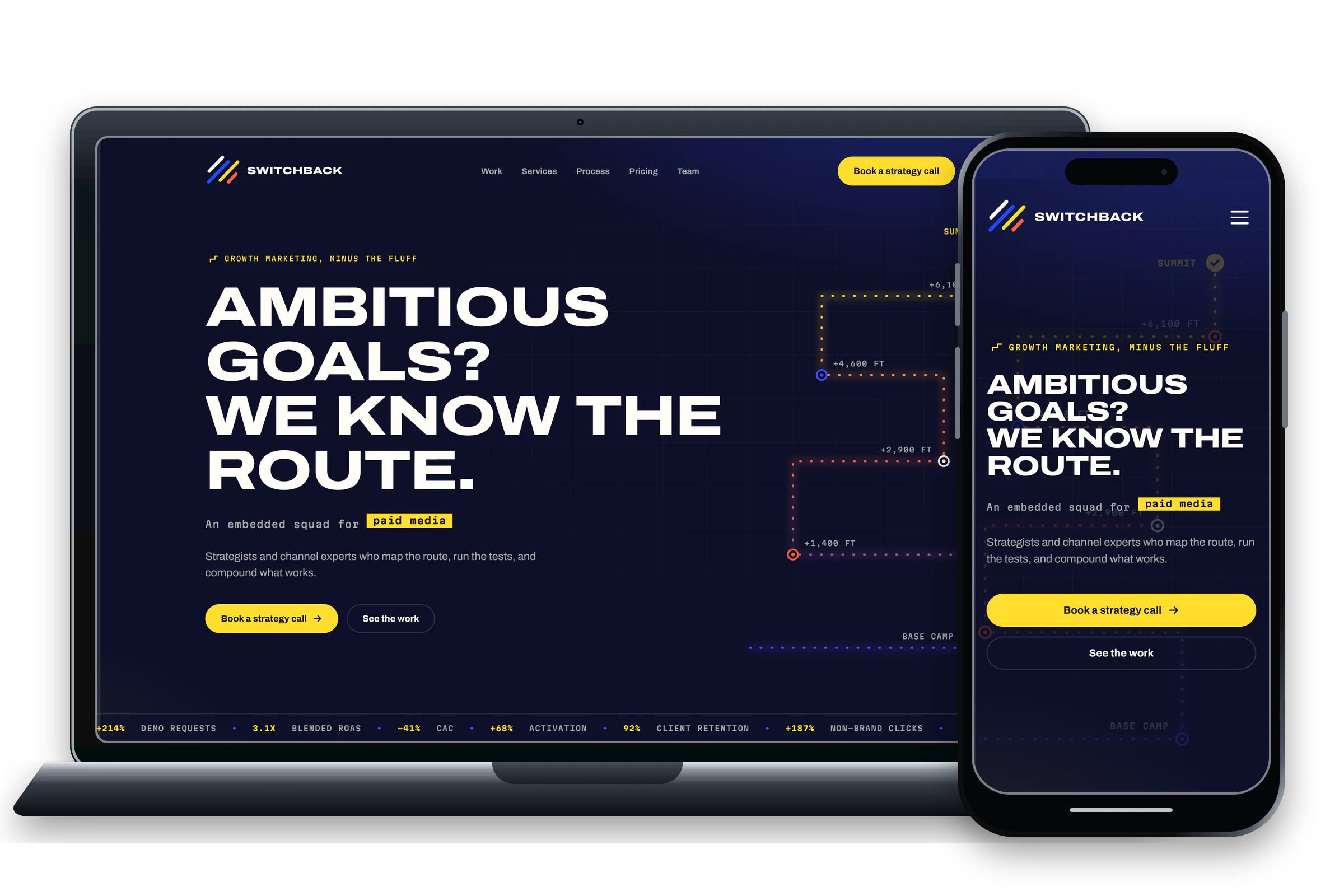 Switchback website design shown on laptop and phone screens