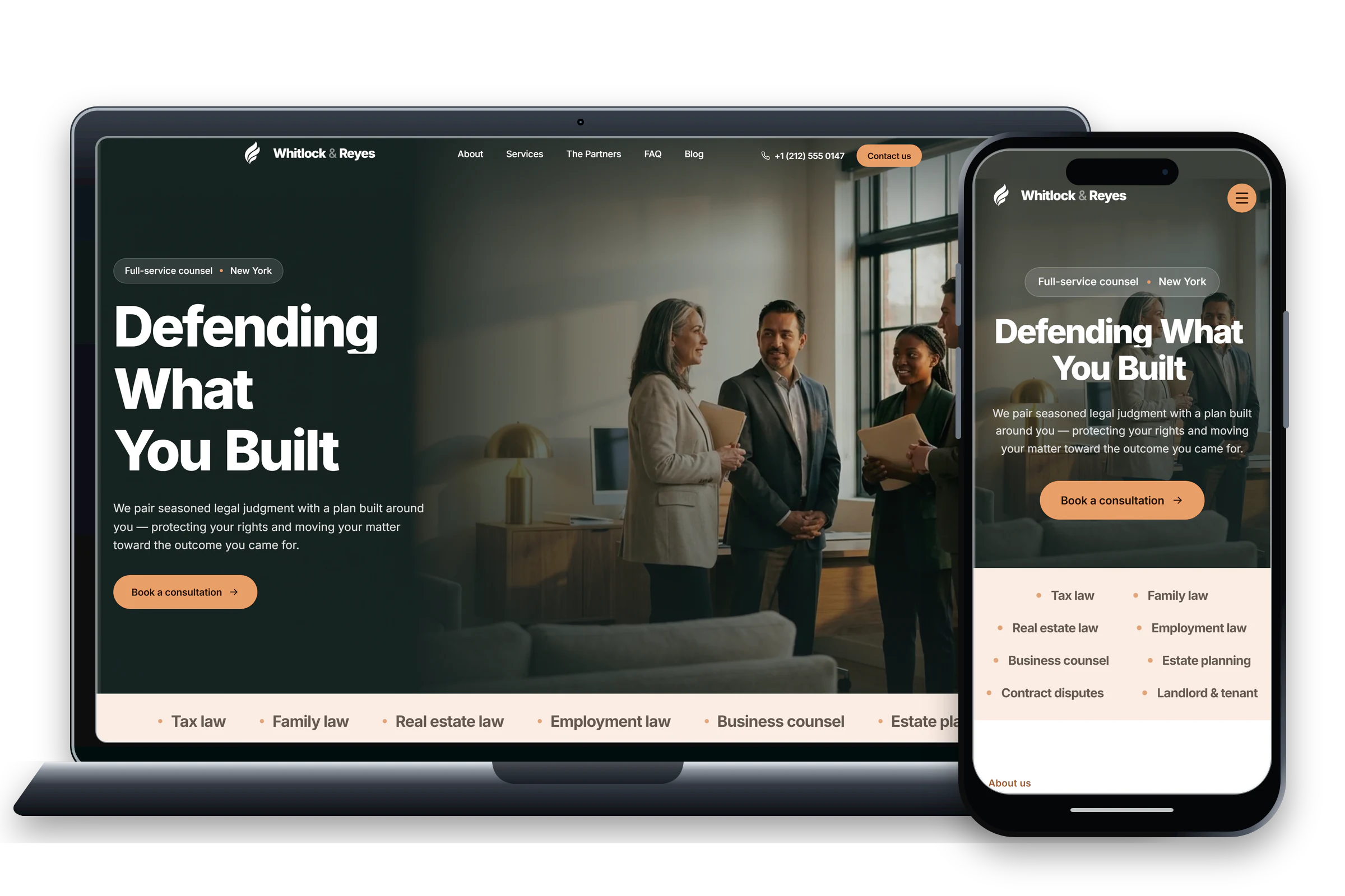 Whitlock & Reyes website design shown on laptop and phone screens