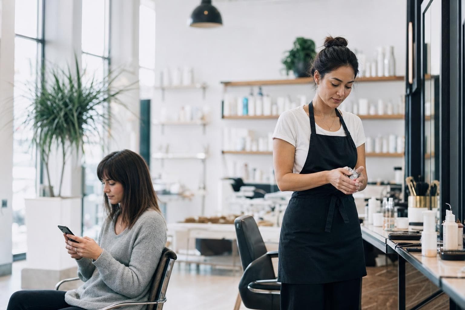 A photo of a customer booking an appointment on their phone while a service owner preps in the background of a bright shop.