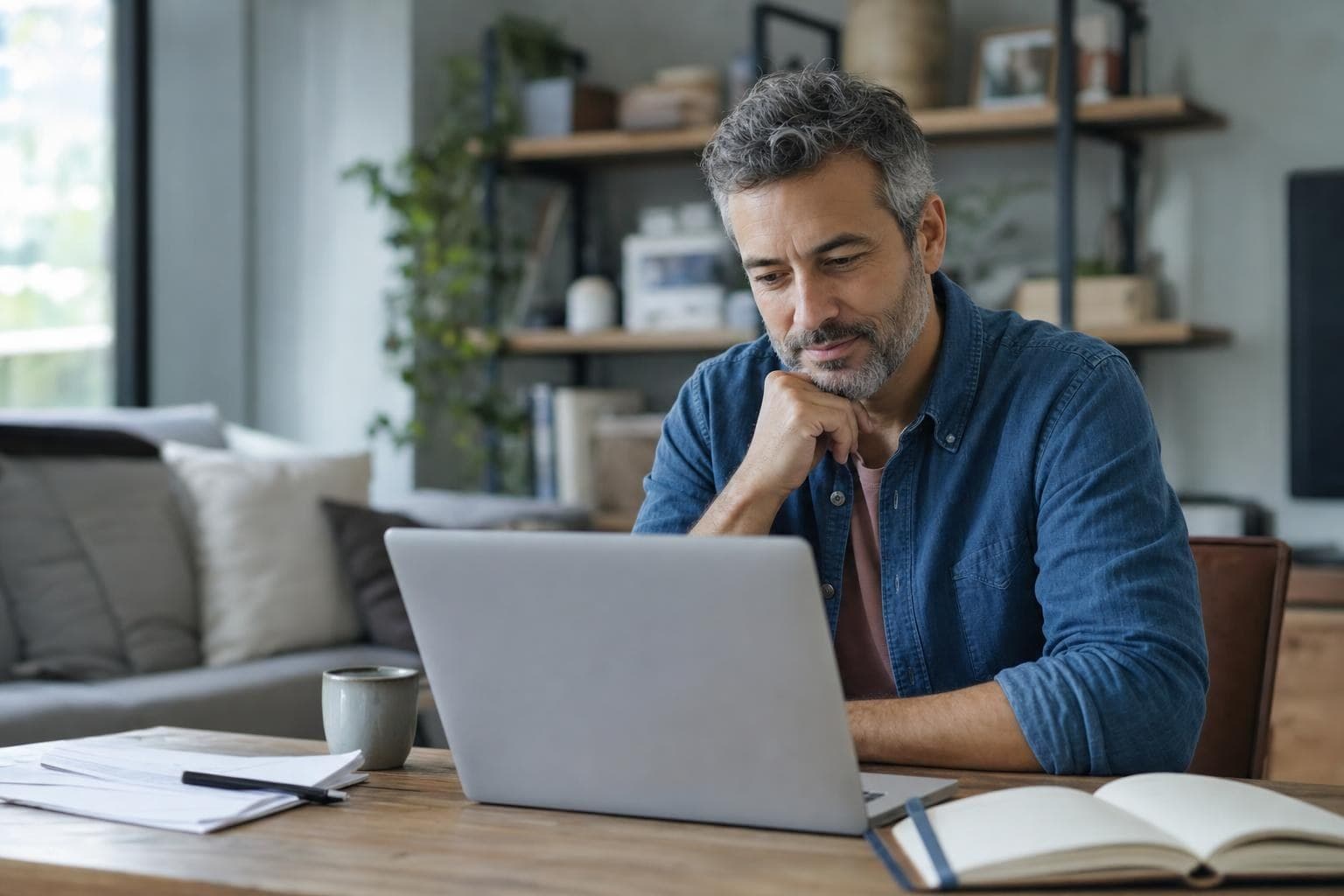 A photo of a business owner calmly reviewing tidy finances on a laptop with AI assistance.