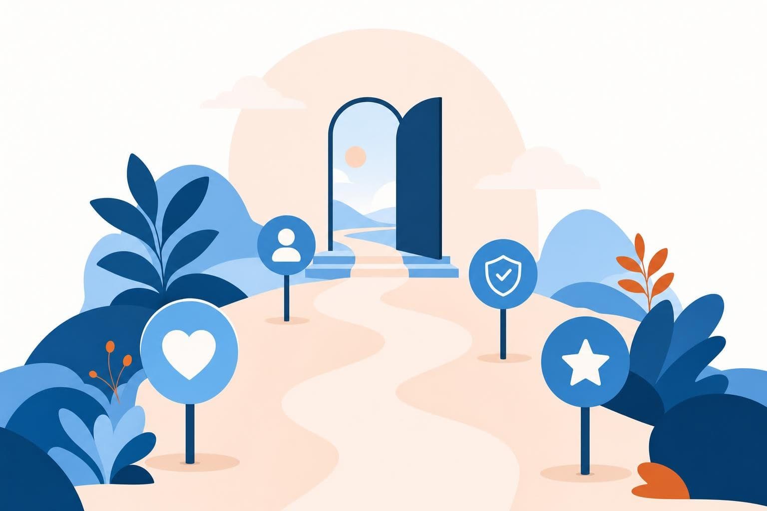 A flat vector illustration of a smooth welcome path with friendly checkpoints in the brand palette.