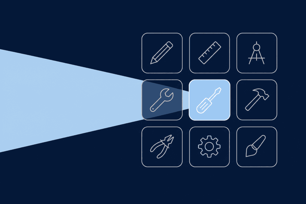 A neat grid of tool tiles with one highlighted in light blue, illustrating tool selection.