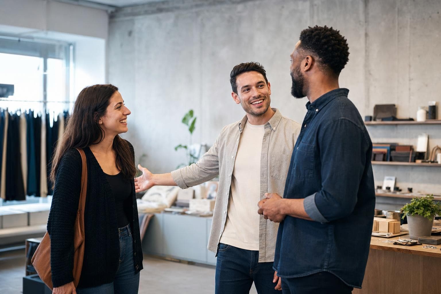 A photo of a happy customer enthusiastically introducing a friend to a business owner.