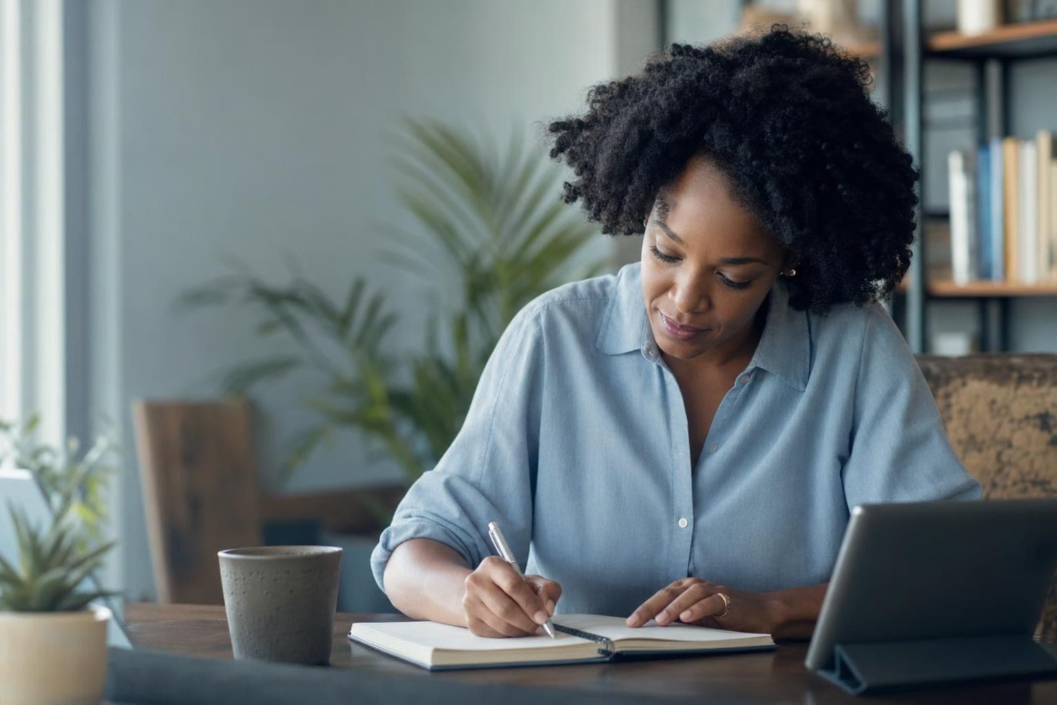 A photo of a business owner writing with personality at a cozy desk, expressive and engaged.