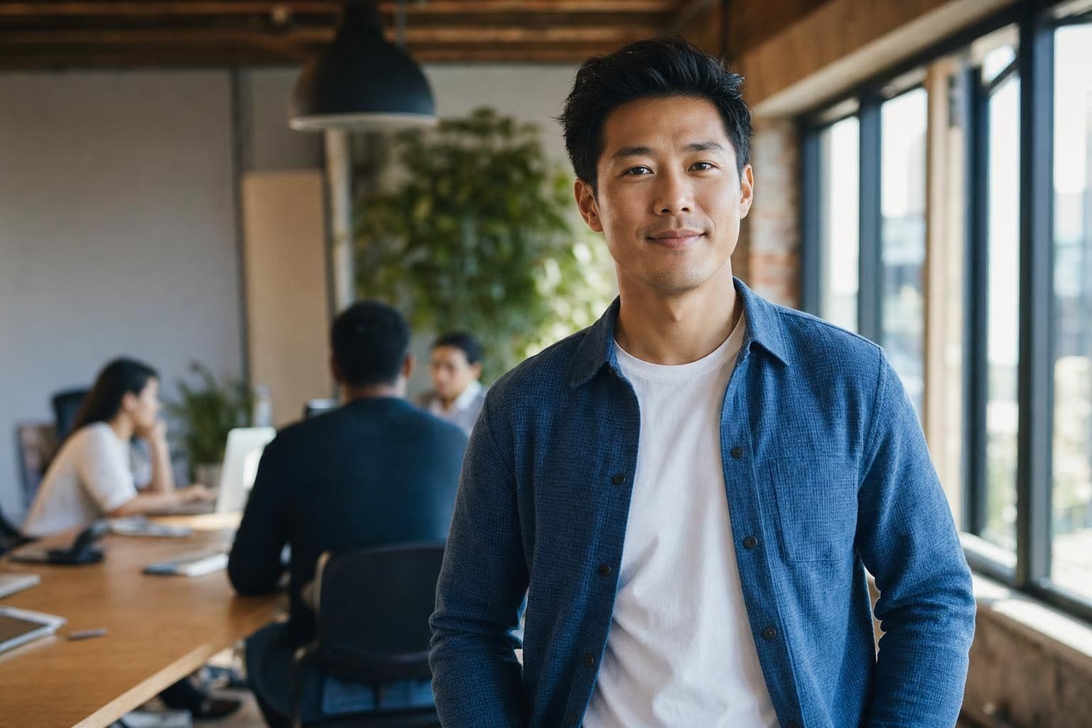 A photo of a founder confidently presenting themselves to camera in a warm office.