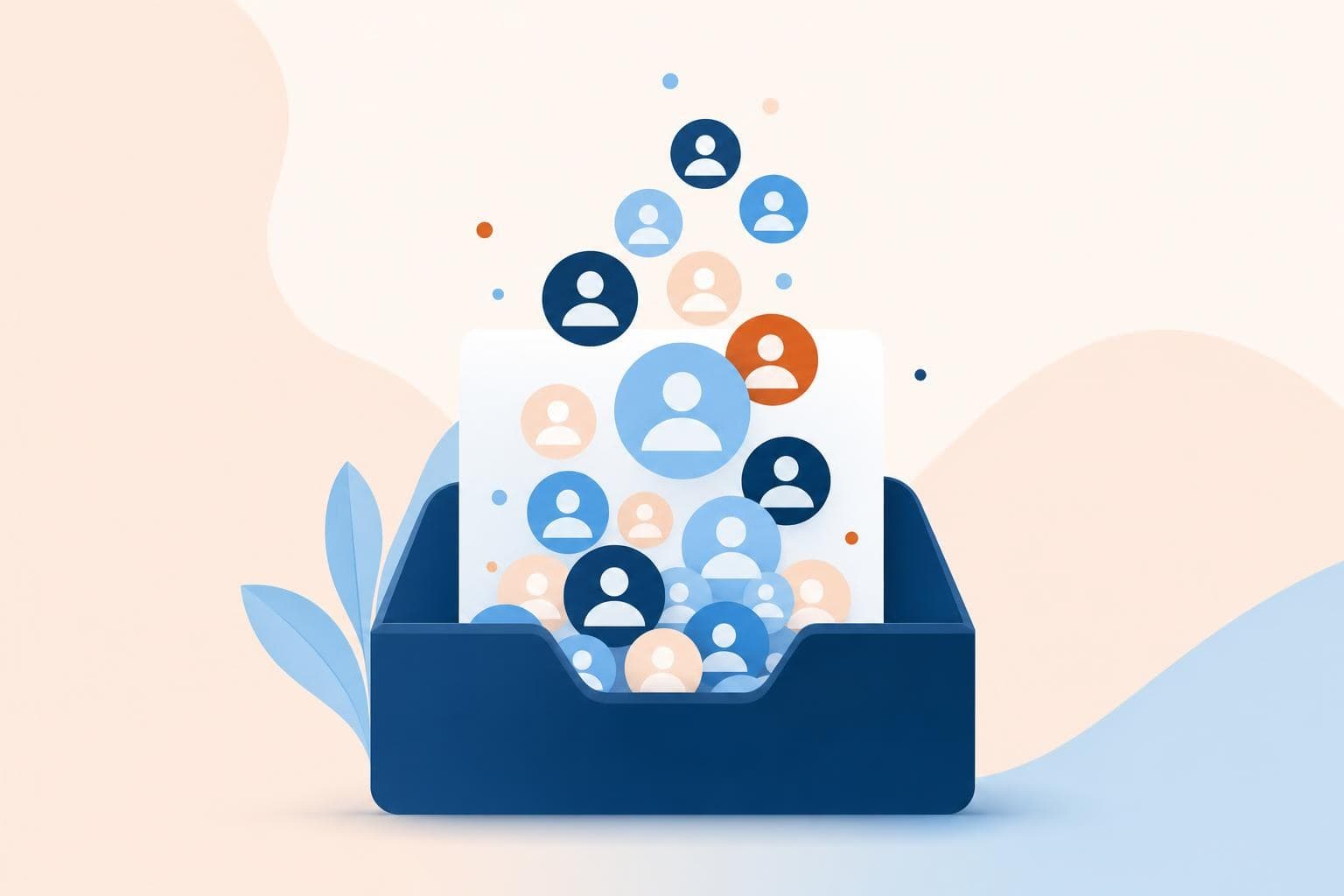 A flat vector illustration of growing subscriber dots filling a clean inbox shape in the brand palette.