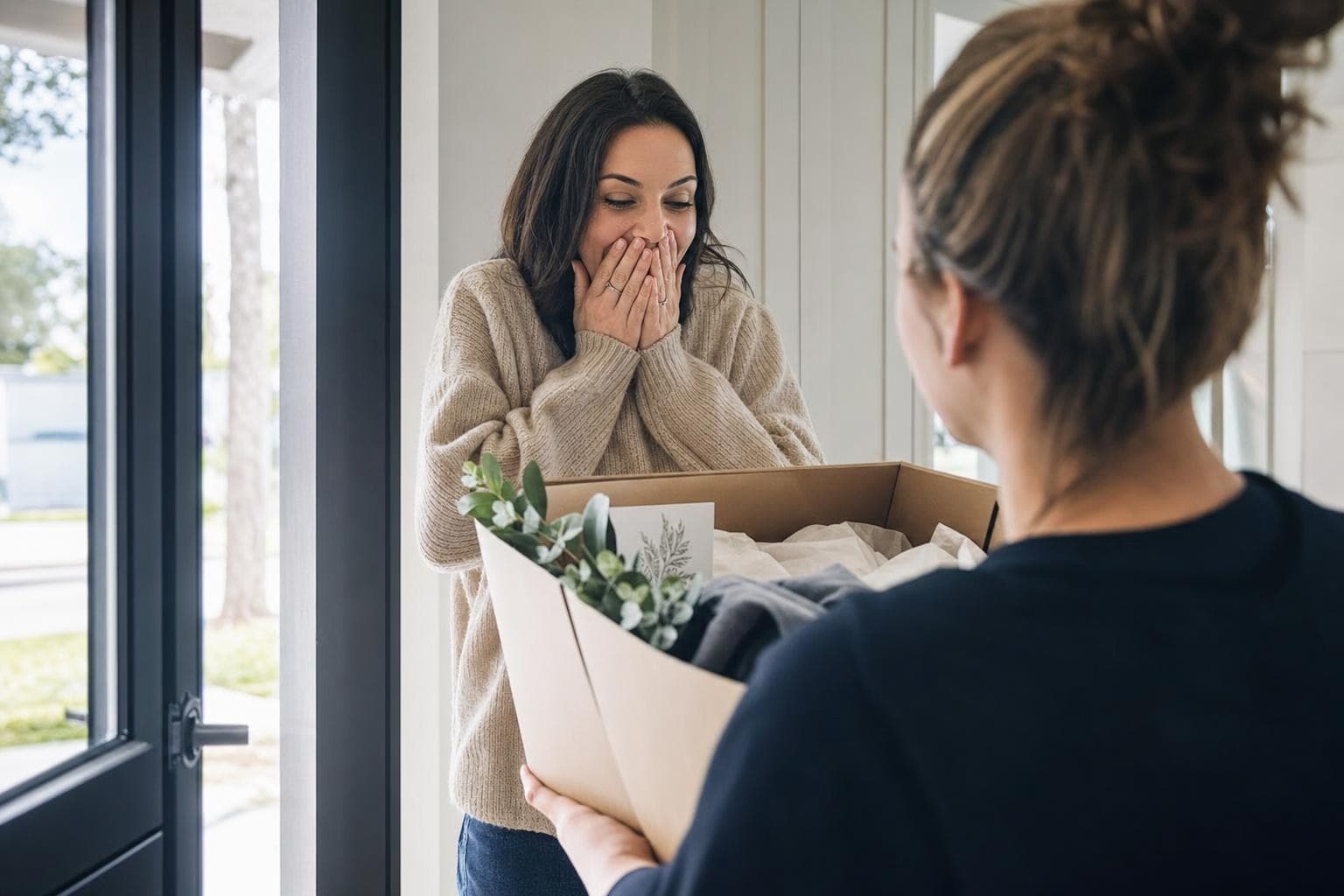 A photo of a delighted customer pleasantly surprised by a thoughtful, unexpected touch.