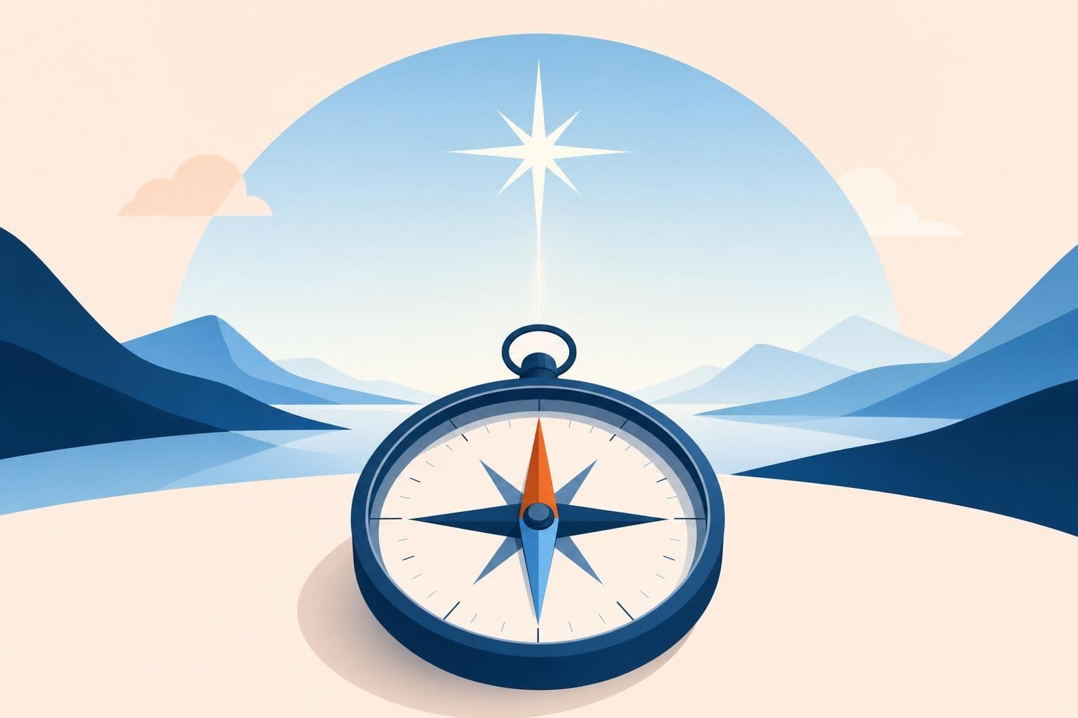 A flat vector illustration of a compass pointing to a single clear north star in the Evolvv brand palette.