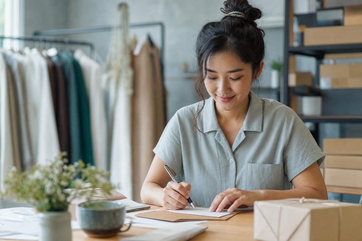 A photo of a business owner sending a warm, genuine thank-you note to a customer after a sale.