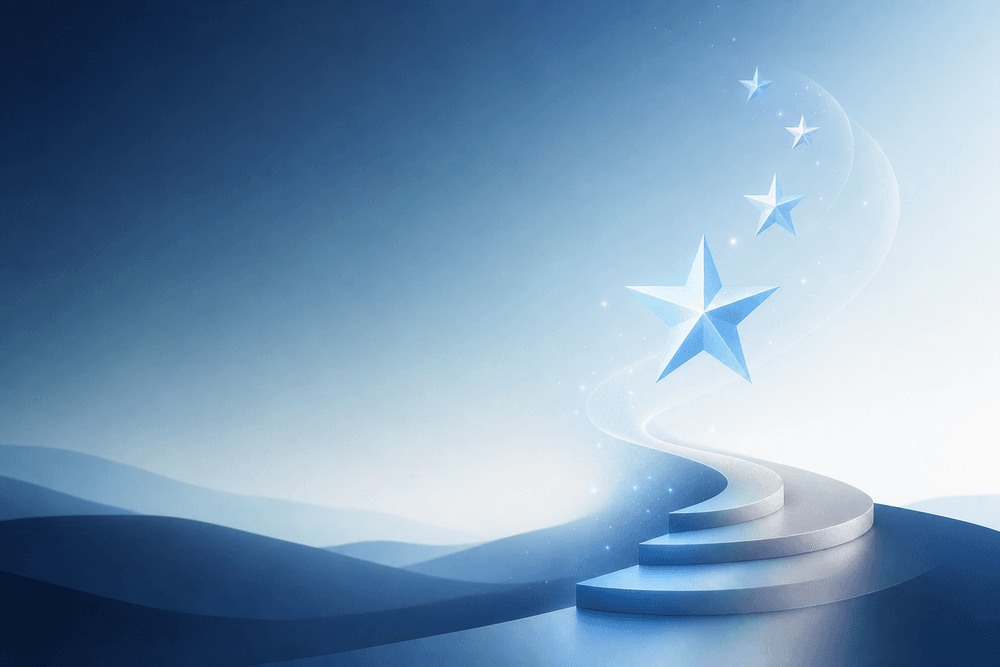 Soft glowing five-point star motifs rising gently with light-blue and violet accents.