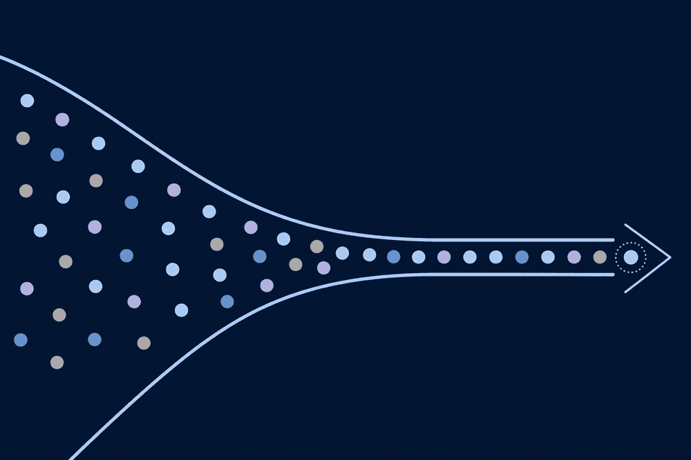 A single funnel lit in light blue with people-dots flowing through it on a calm navy field.