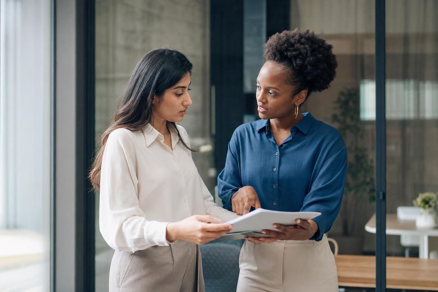 A photo of a business owner handing a file and explaining a task to a trusted team member.