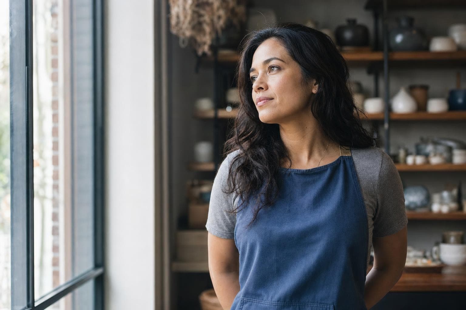 An owner standing in a quiet shop looking out the window in deep thought about the future.