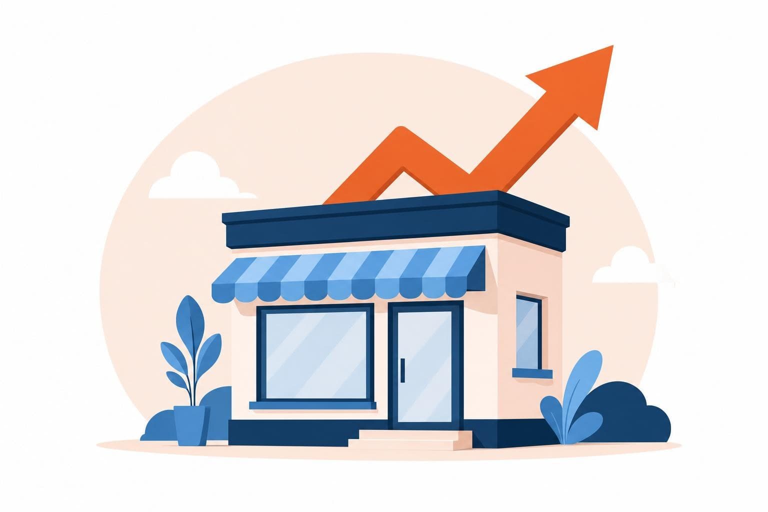 A flat illustration of a small storefront with an upward value arrow, in the brand palette with no text.