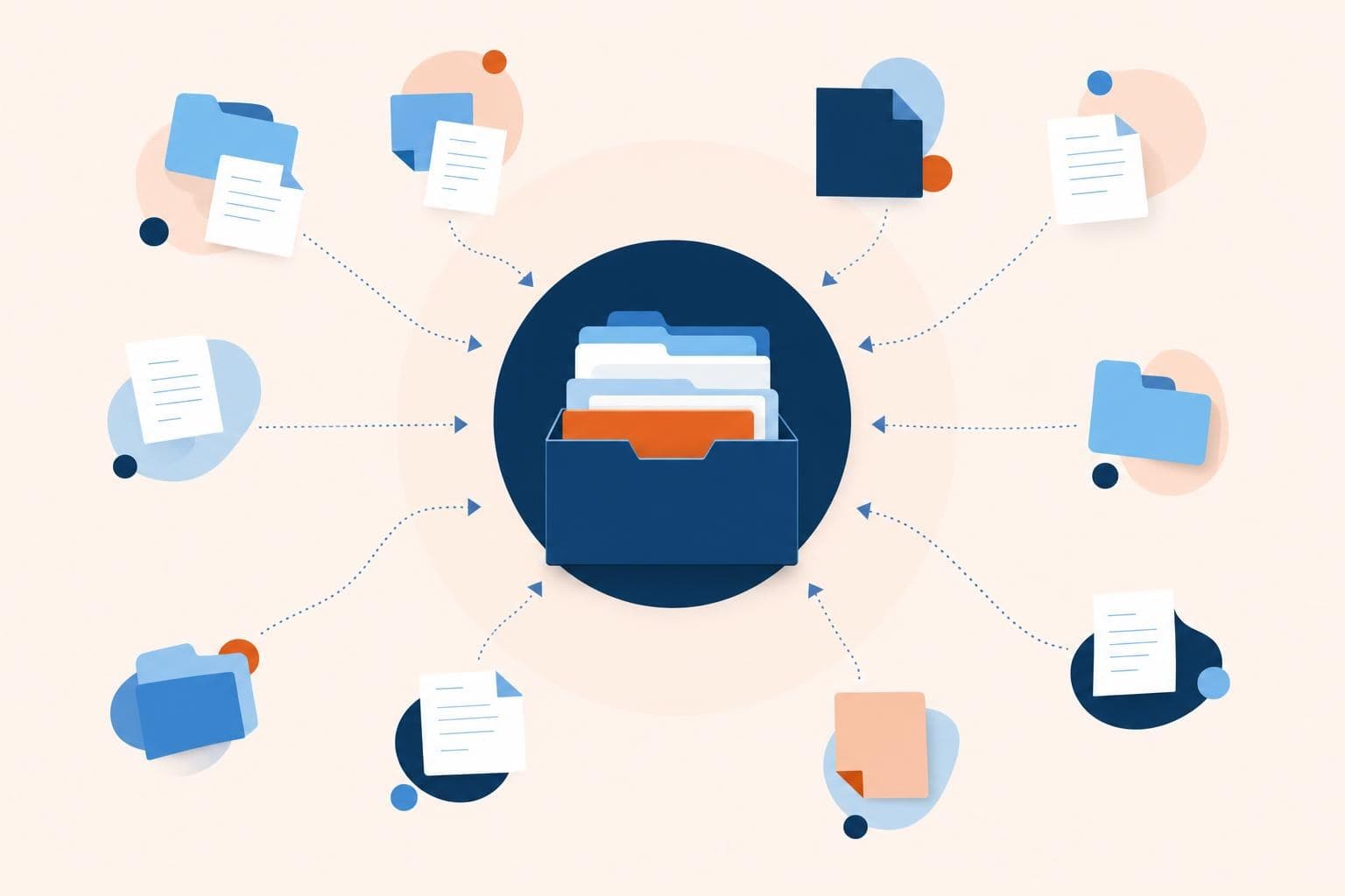 A flat illustration of scattered files converging into one tidy central hub in the brand palette, no text.