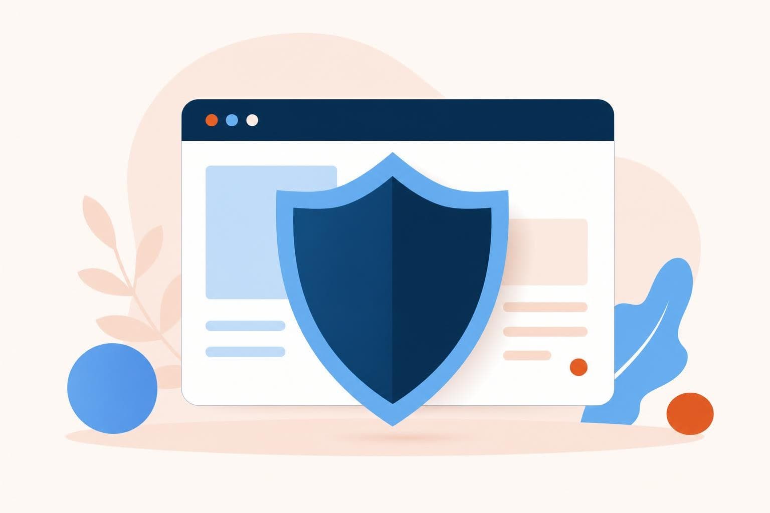 A flat vector illustration of a protective shield hovering over a simple website frame, in the Evolvv brand palette with no text.