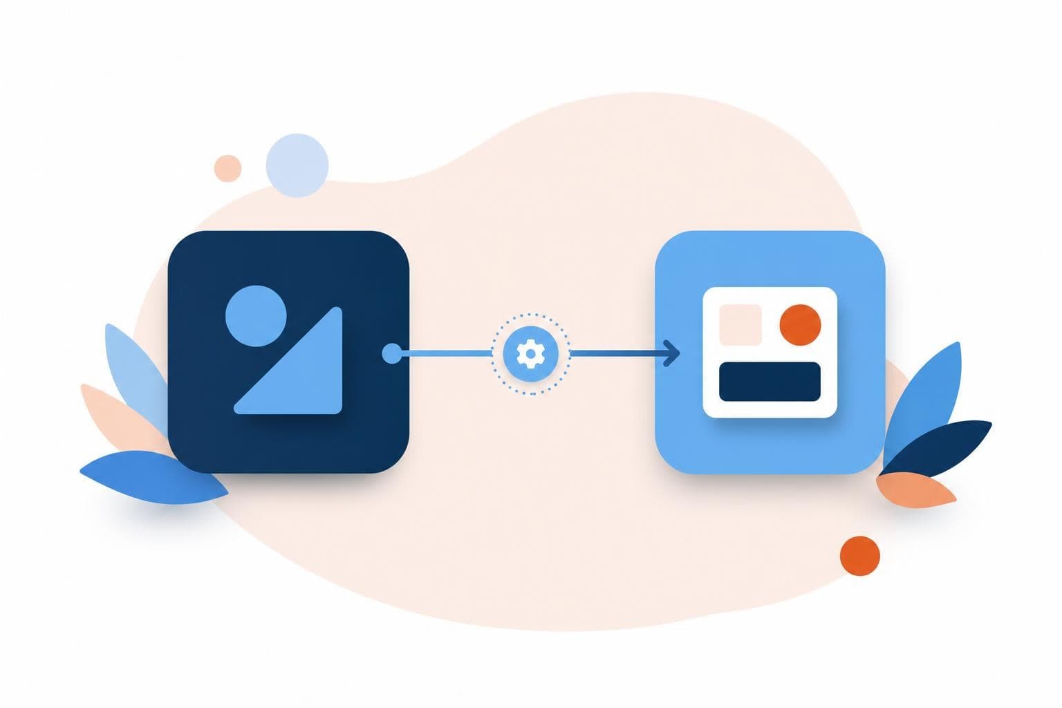 A flat illustration of two app blocks joined by a clean automation arrow in the brand palette, no text.