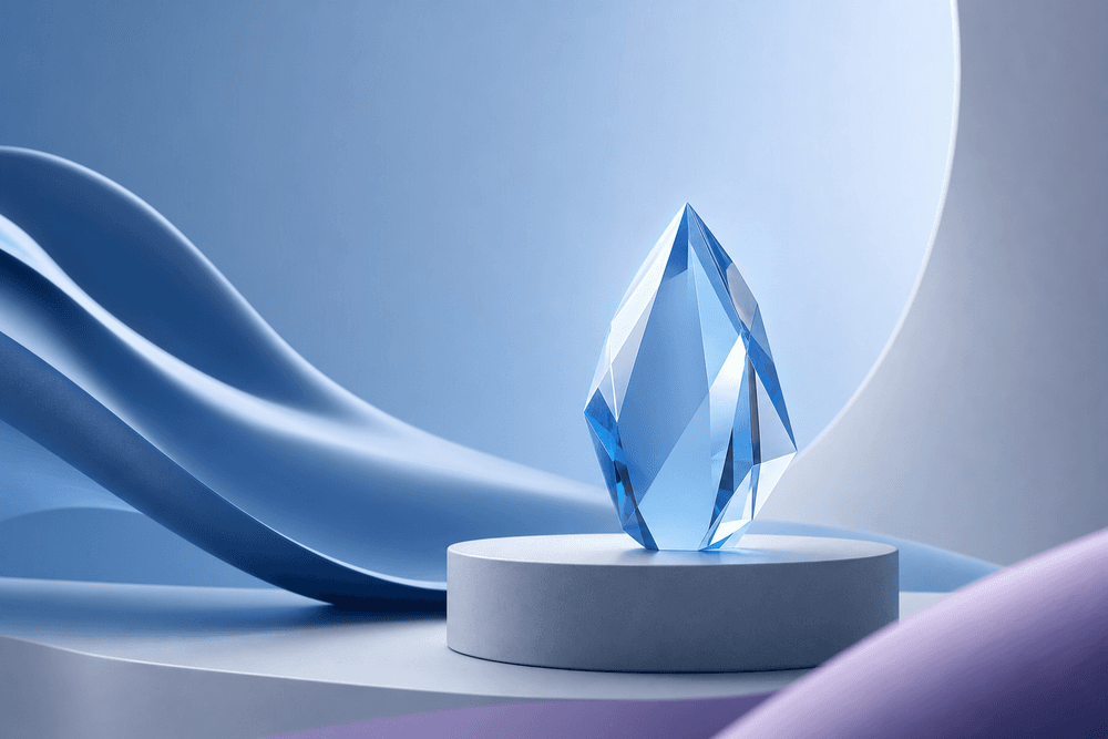 A single premium object on a pedestal bathed in soft light-blue light, illustrating premium positioning.