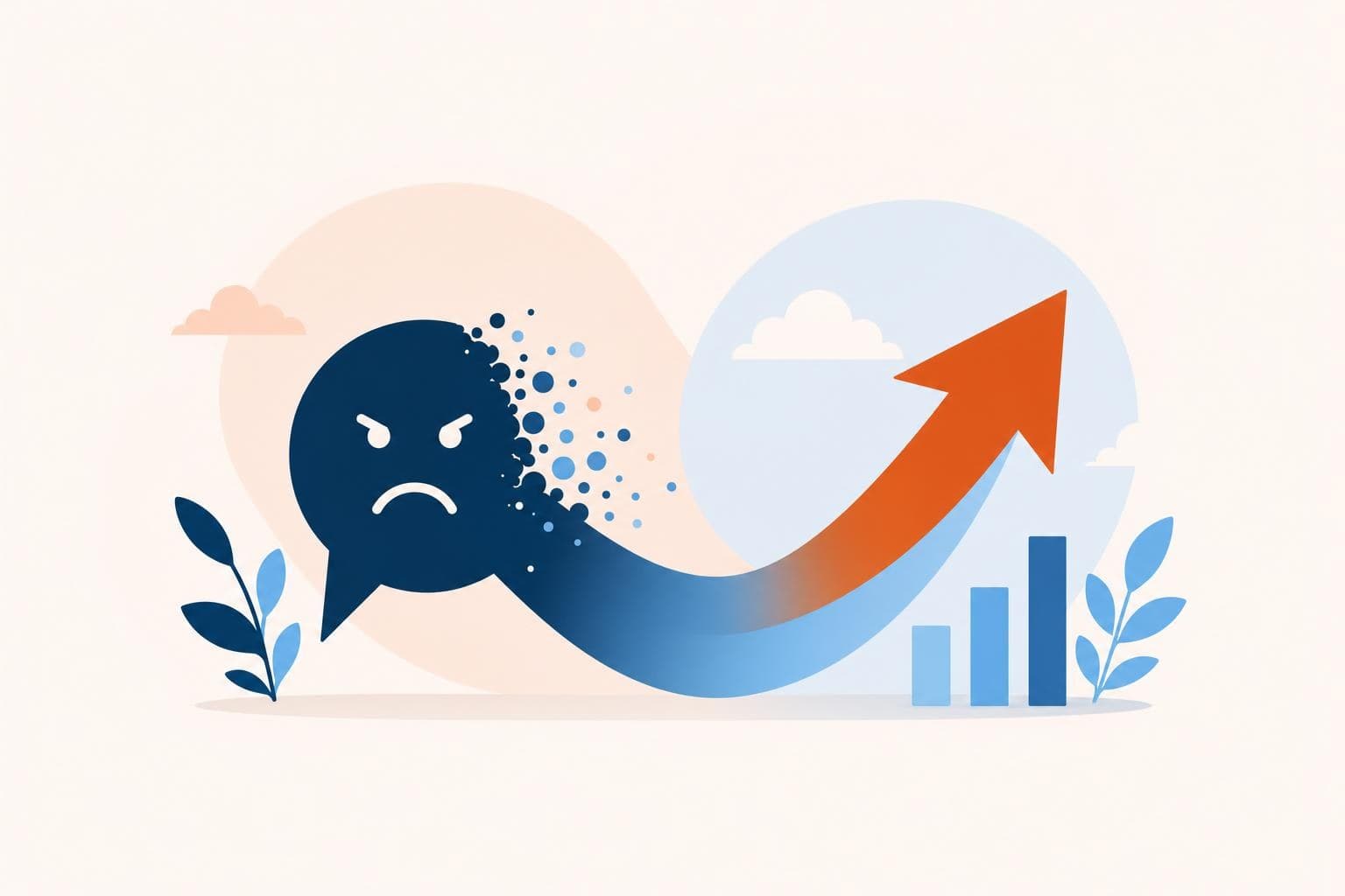 A flat vector illustration of a complaint signal turning into an upward improvement arrow in the Evolvv palette.
