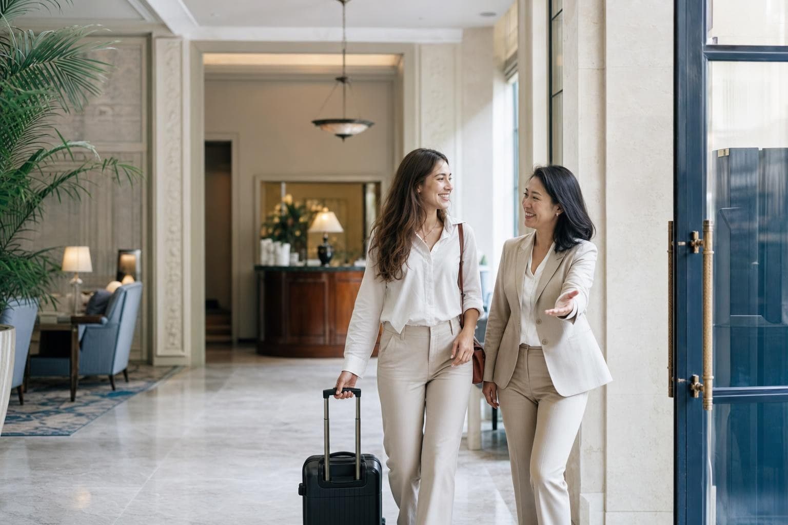 A hotel owner personally walking a delighted guest to the door in an elegant lobby.