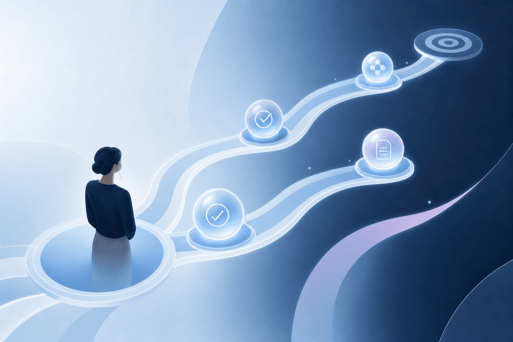 Soft autonomous agent orbs handling tasks along a flow with a human node overseeing.