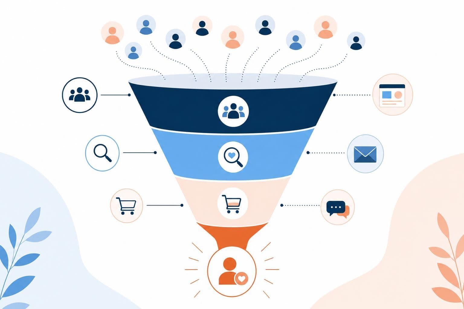 A clean stylized funnel infographic narrowing from many visitors down to customers, in the Evolvv brand palette with no readable text.