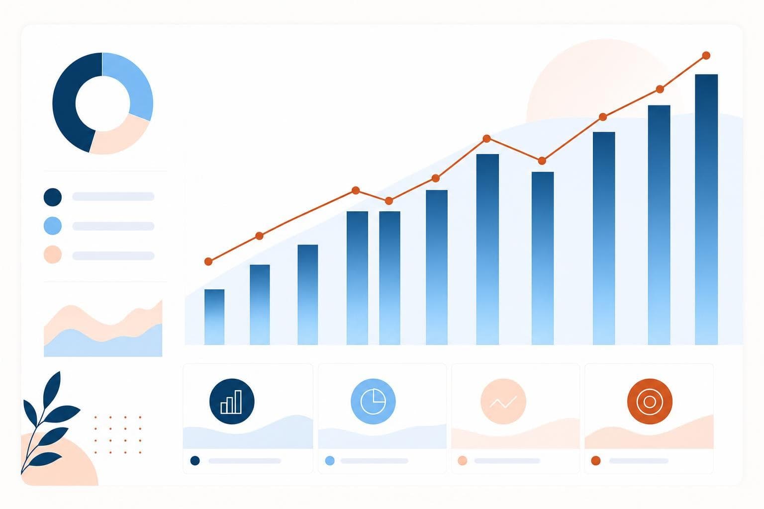 A simple chart showing a clean one-page dashboard of a few key business metrics, with stylized bars and a trend line in the brand palette.