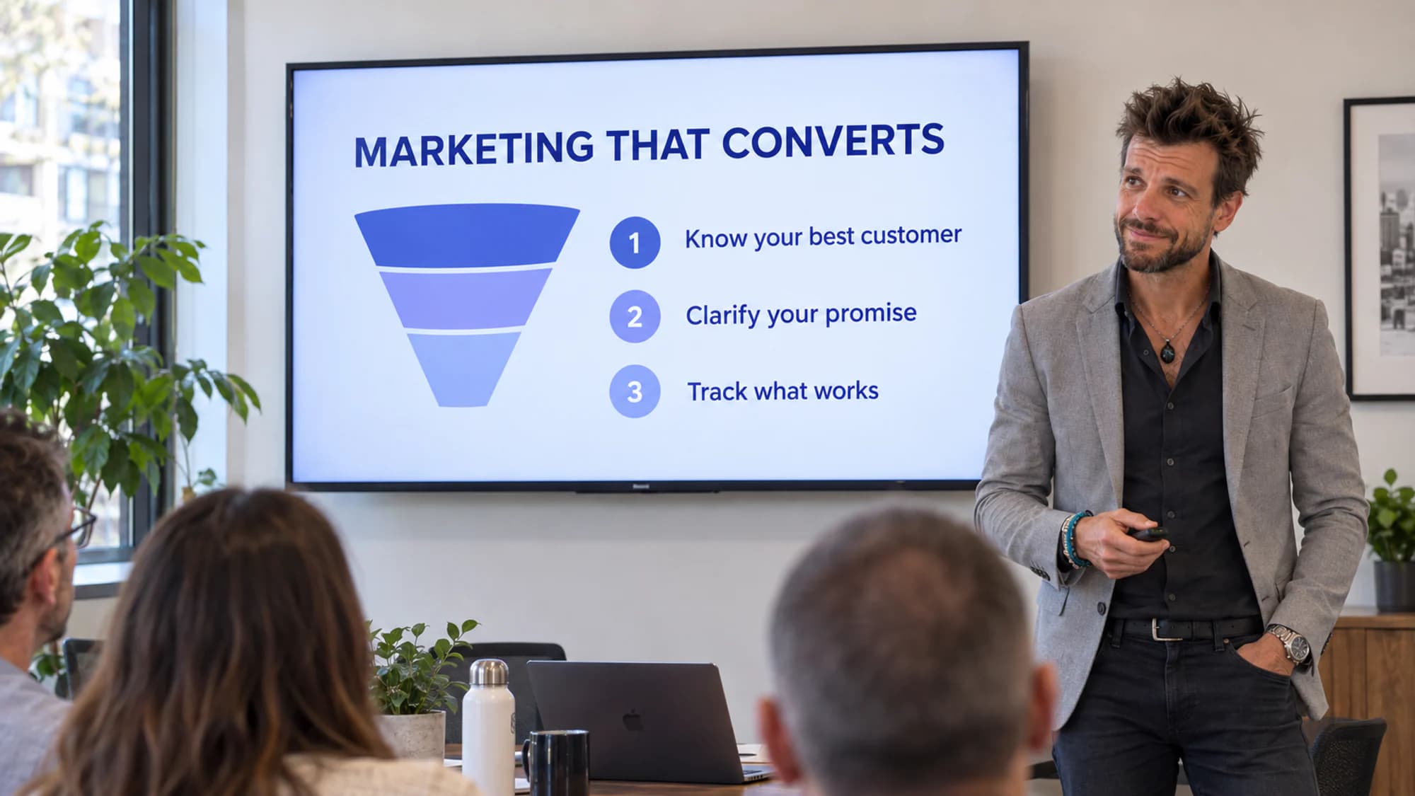 Pete Stevenson presenting a customer acquisition strategy to business owners.