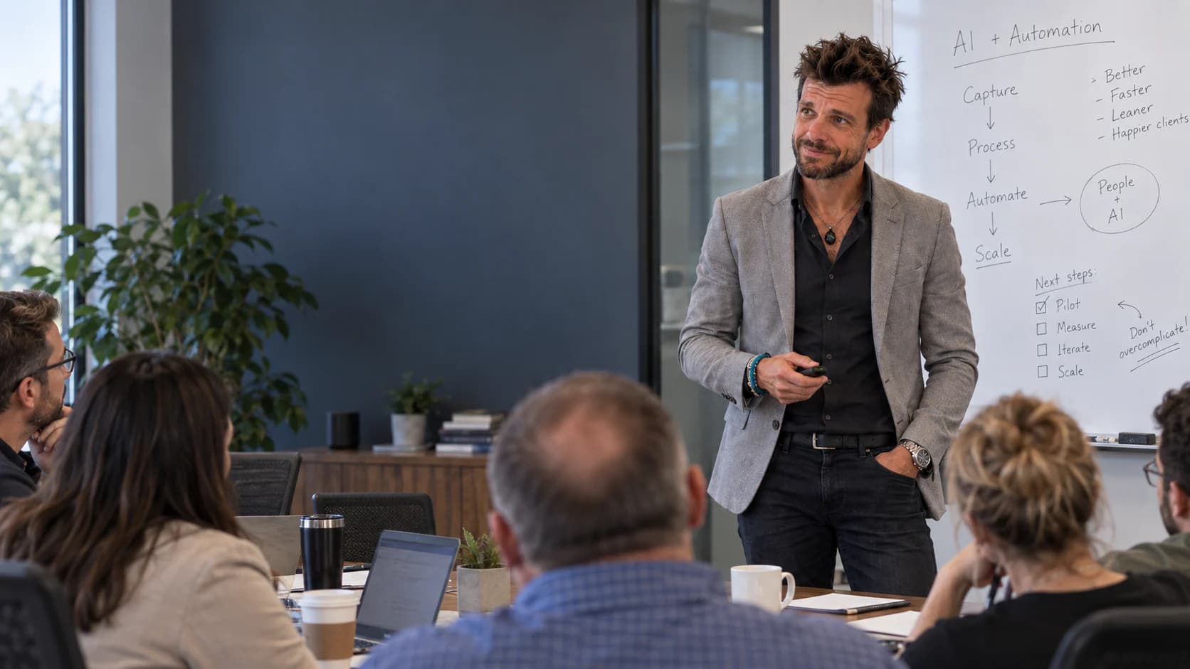 Pete teaching an AI and automation course to a team in a conference room.