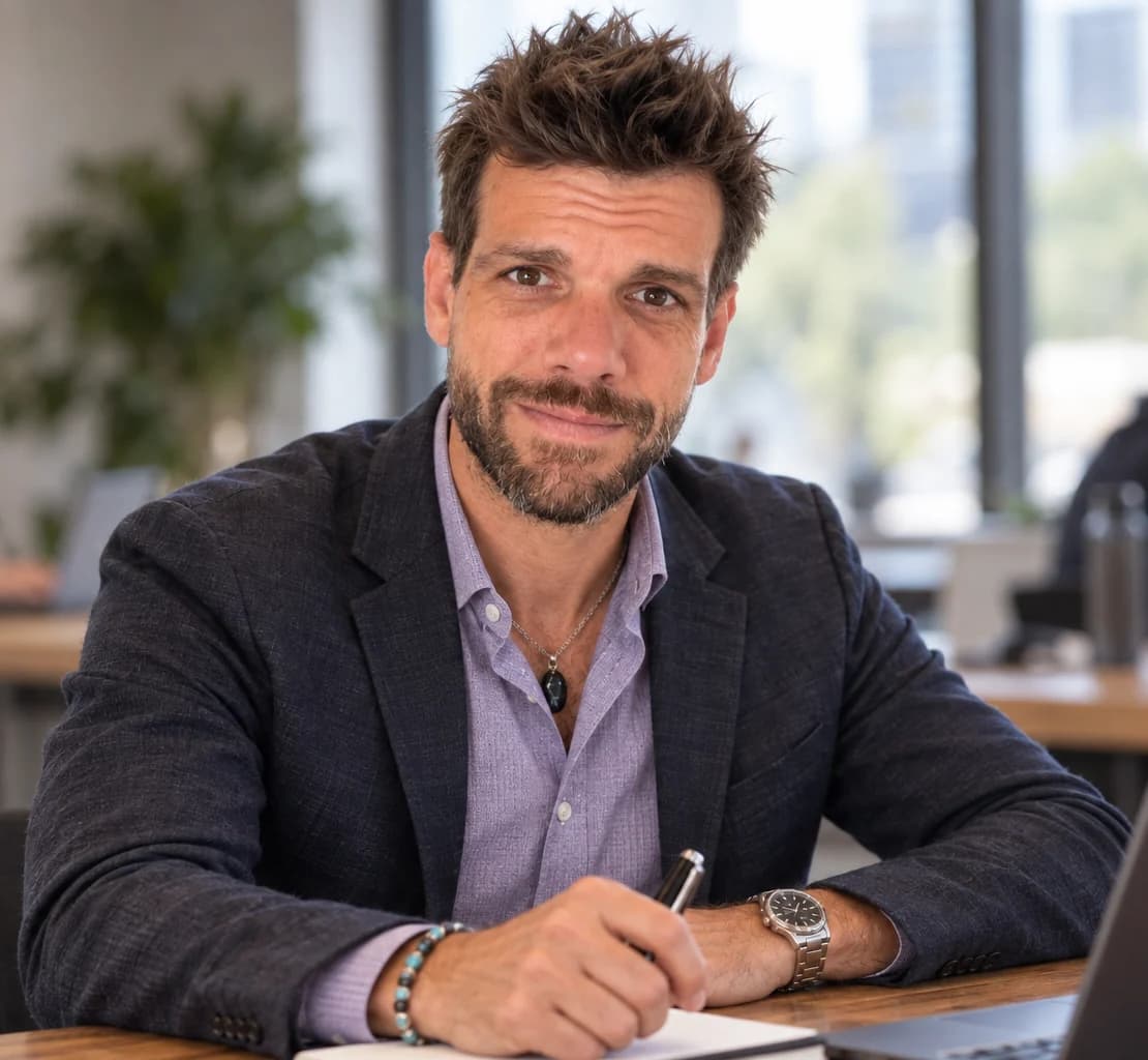 Pete Stevenson, founder of Evolvv Strategies, at his desk.