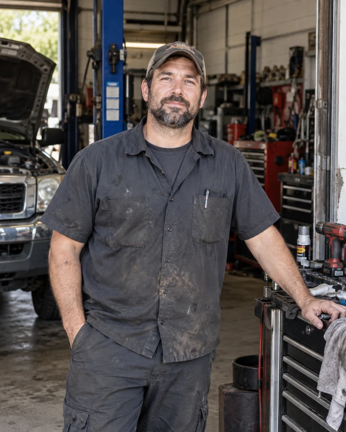 An independent mechanic standing at the entrance to his working auto shop.