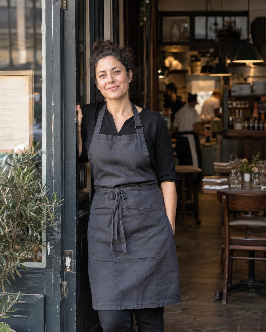An independent restaurant owner standing at the entrance to her restaurant.