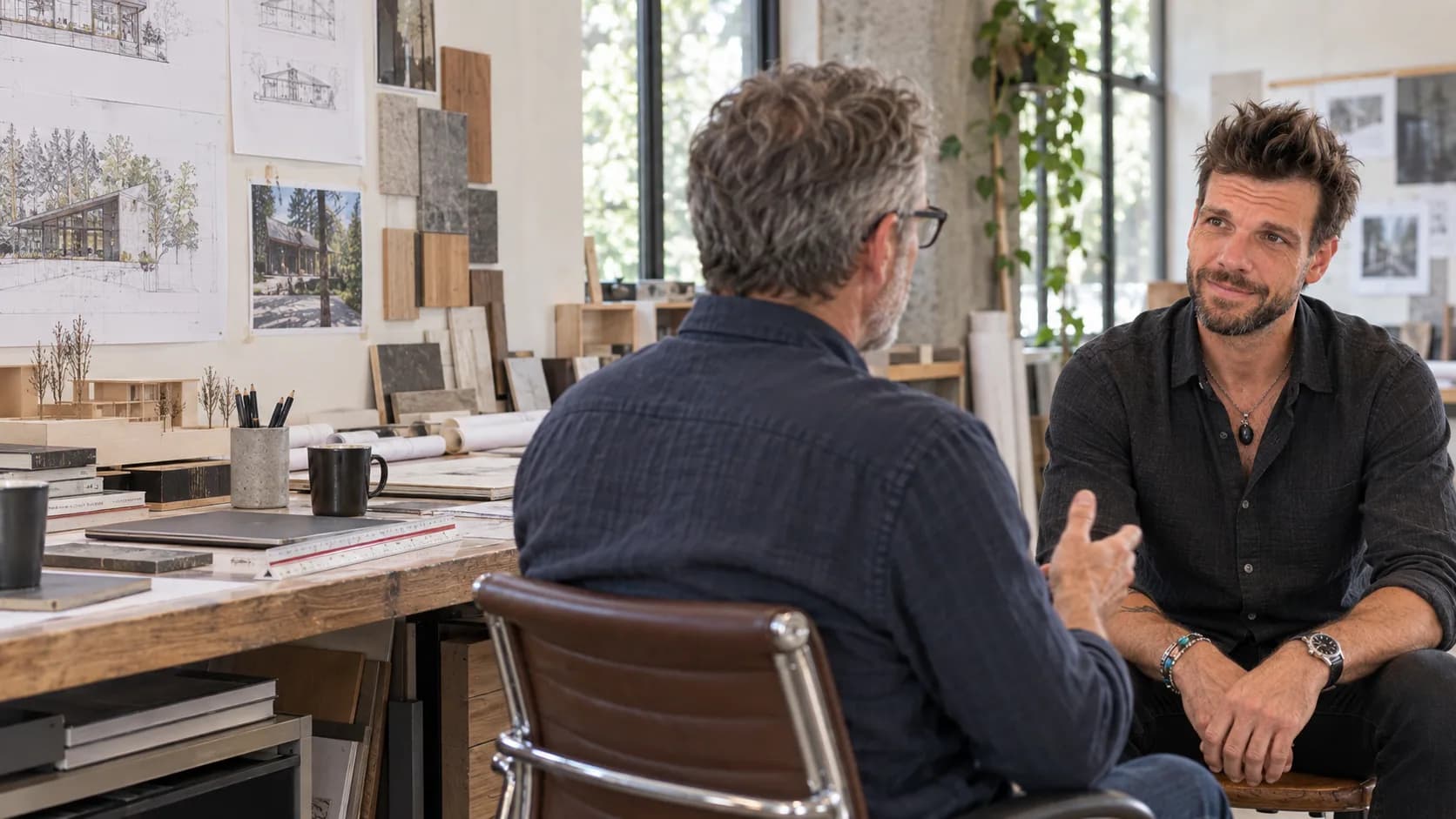 Pete listening to an architecture-firm owner in his working studio.