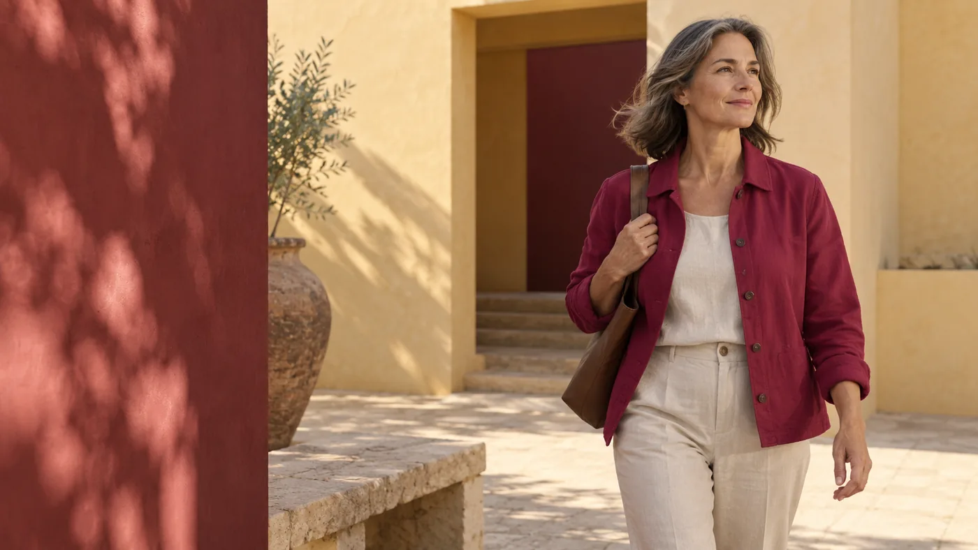 A midlife woman walking through a sunlit courtyard