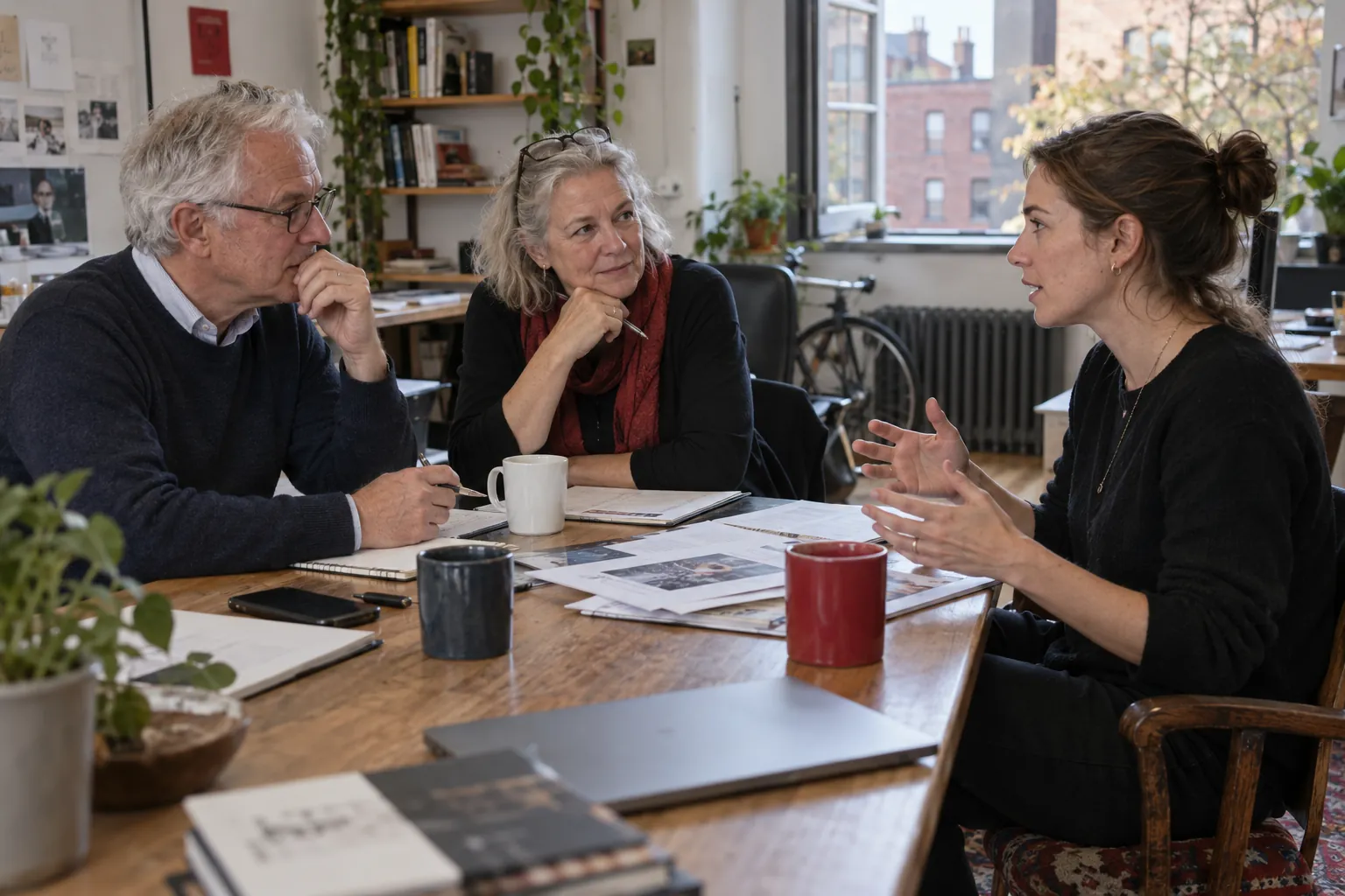 Three people reviewing papers together at an oak table in a daylight office