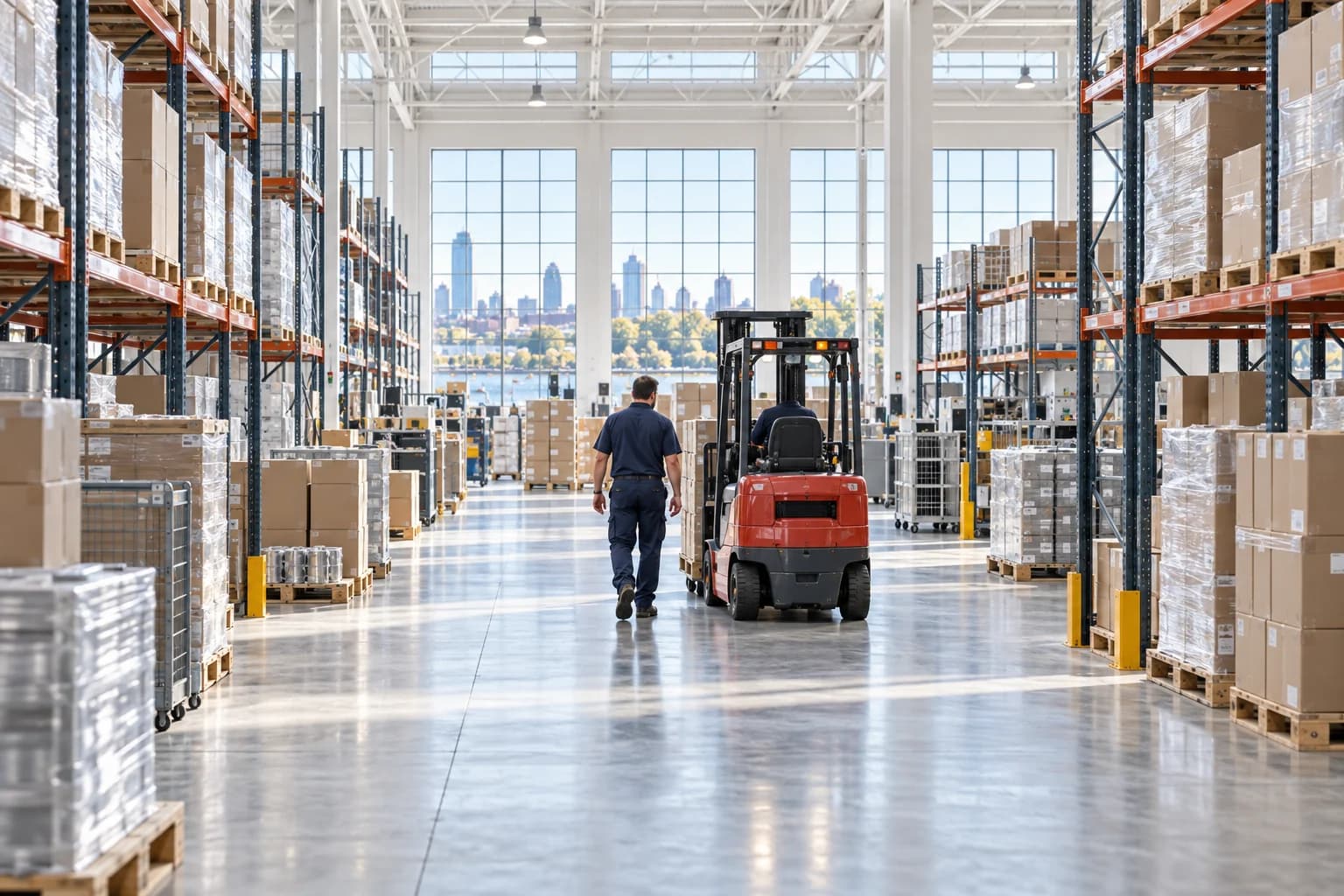 Tall warehouse aisles stacked with wooden pallets in cool daylight