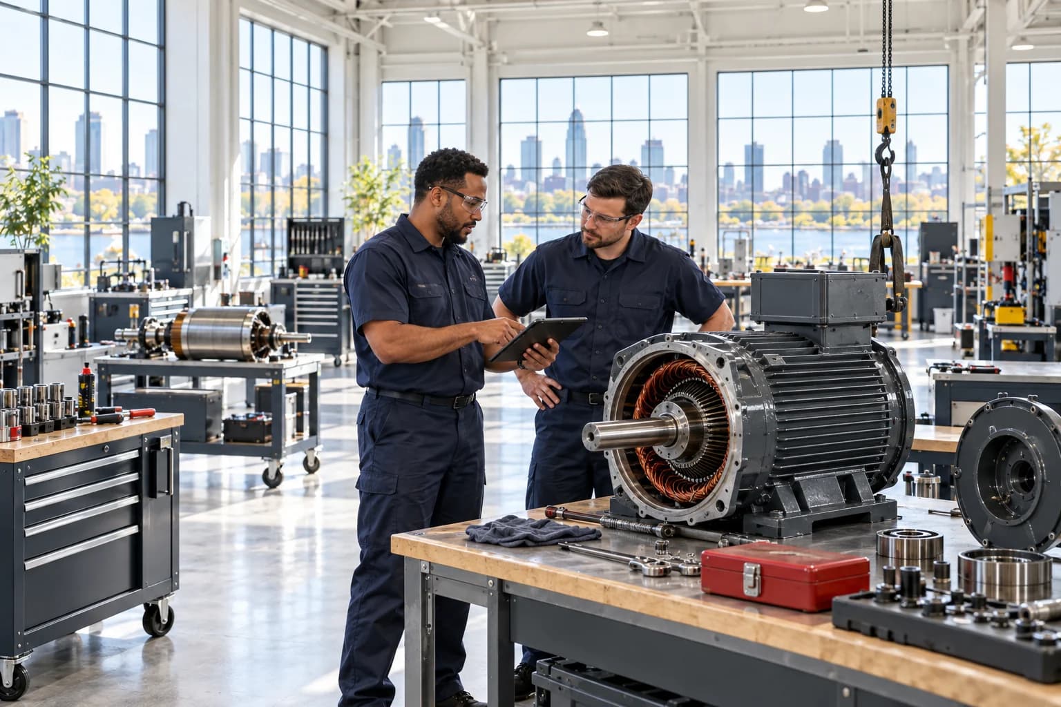 Two technicians inspecting a motor in a bright industrial service bay