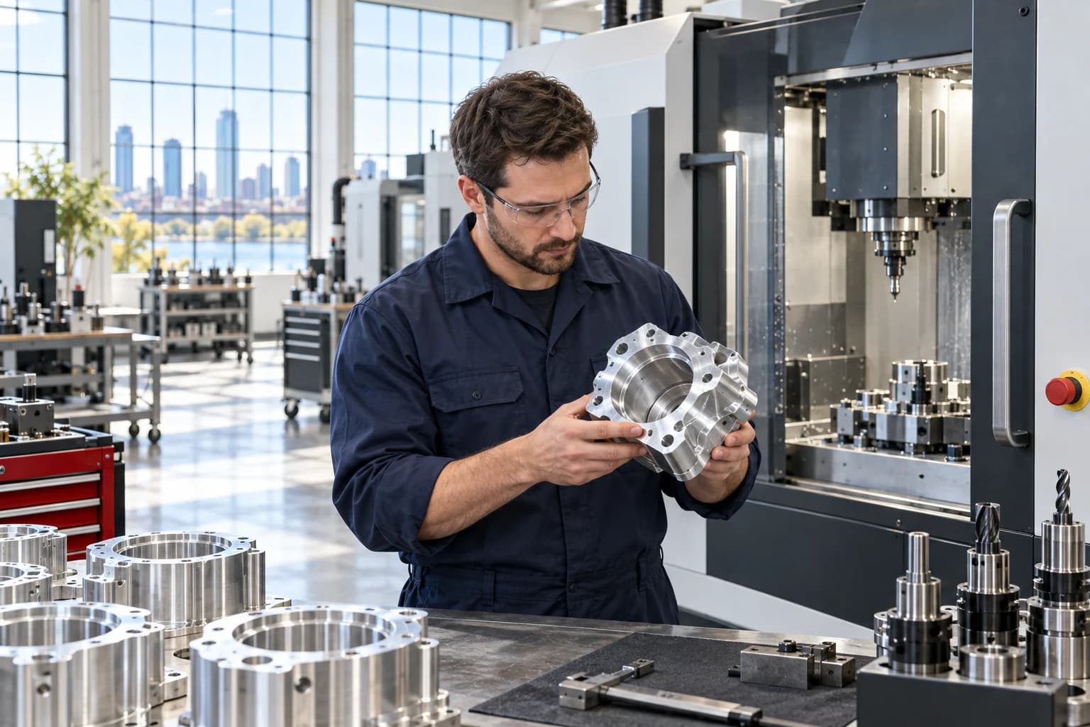 An operator inspecting a precision aluminum component beside a CNC machine in a daylight workshop