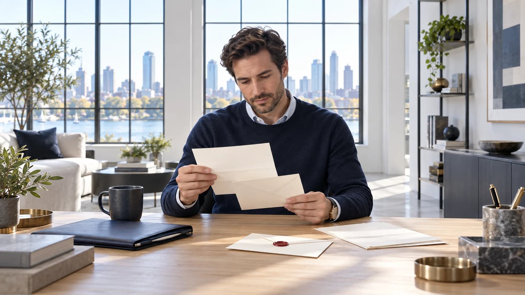 A founder reading an offer from a cream envelope at a bright oak table beside a navy folio