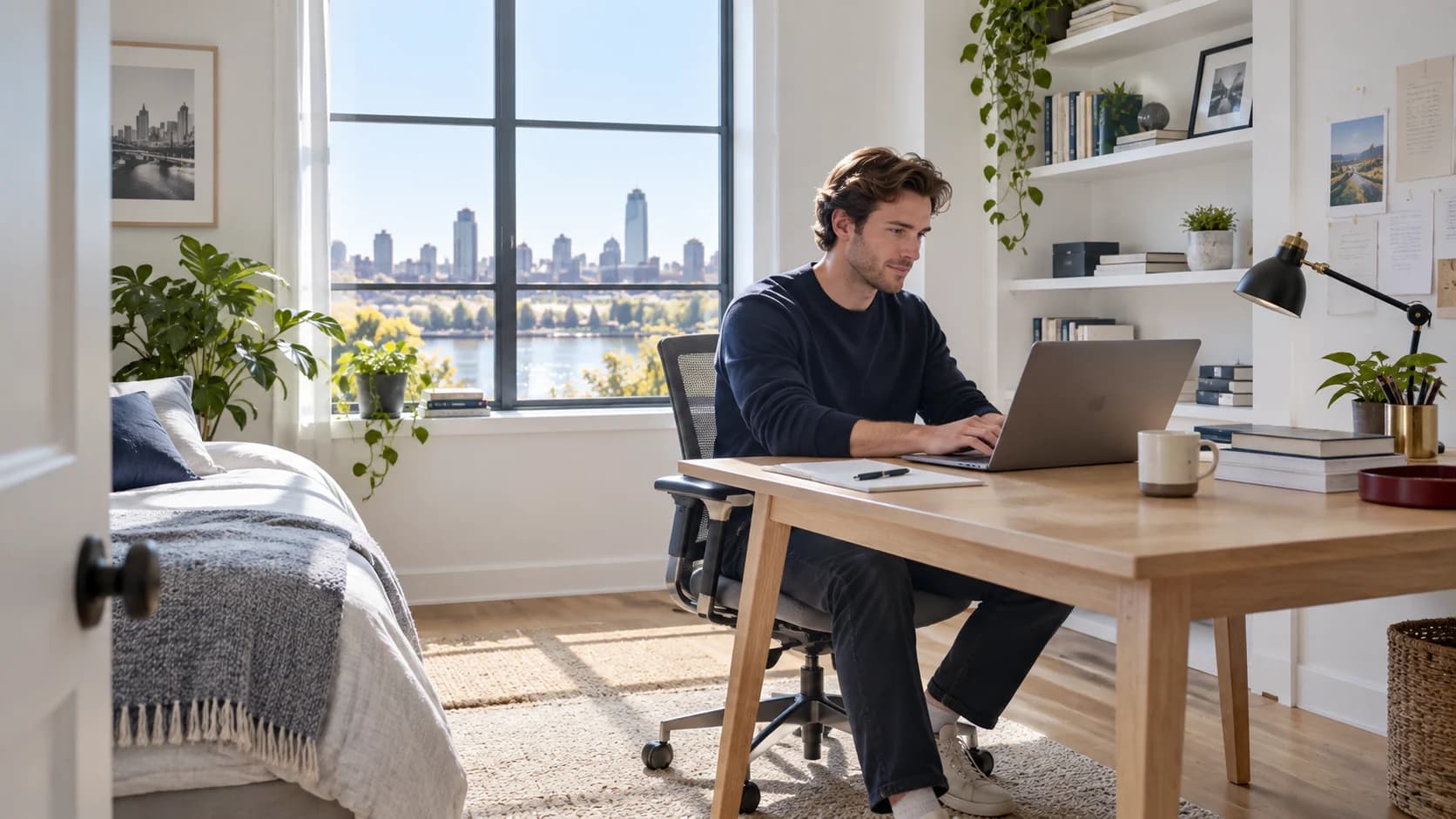 A founder working at a modest laptop in a bright spare-bedroom office with white shelves