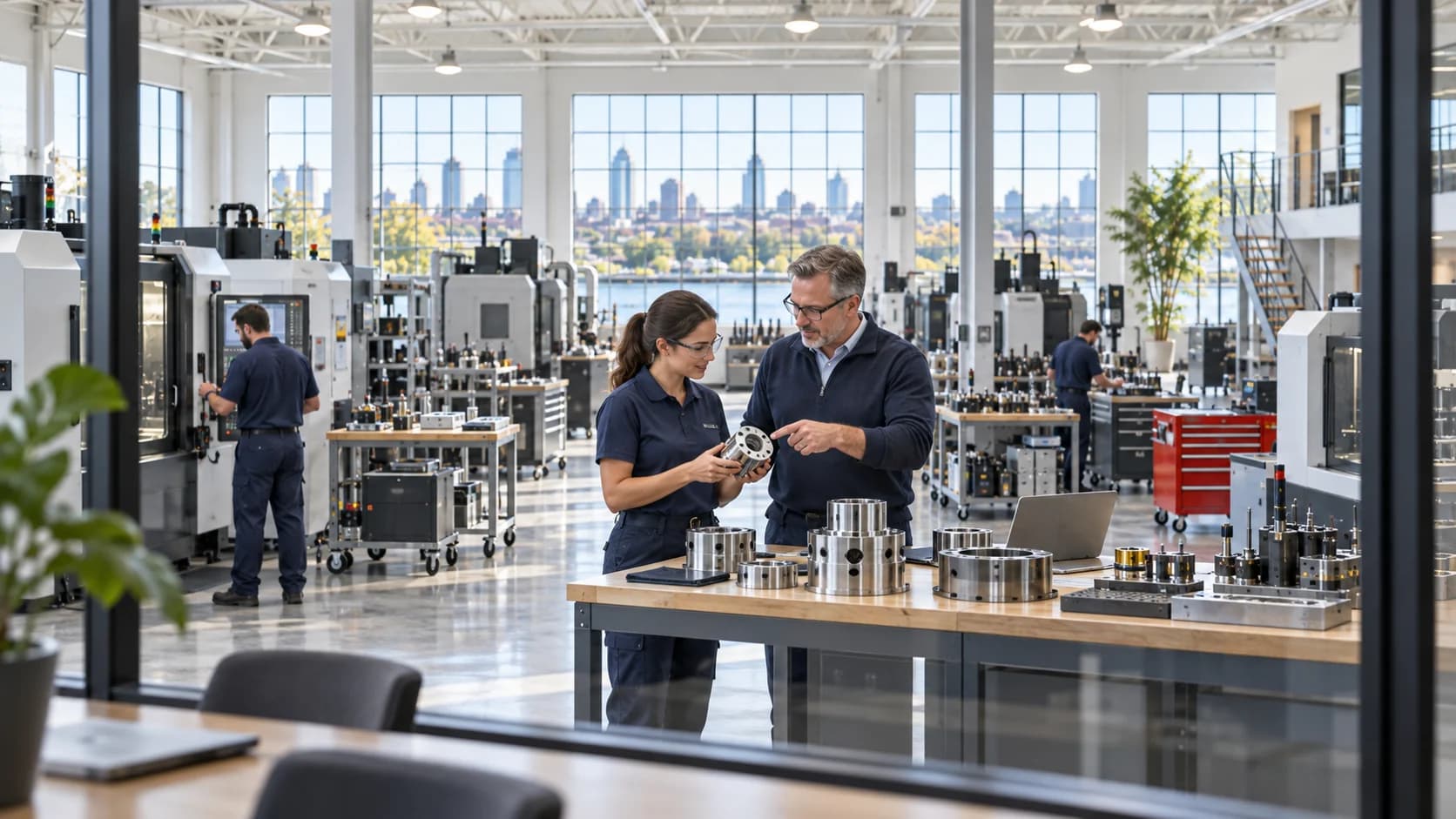 A founder and employee examining a metal component on a sunlit workshop floor, seen through office glass