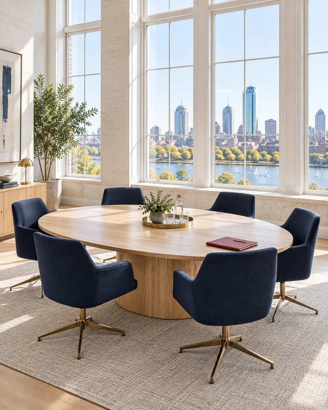 Six navy chairs around a pale oak conference table in an open, bright room