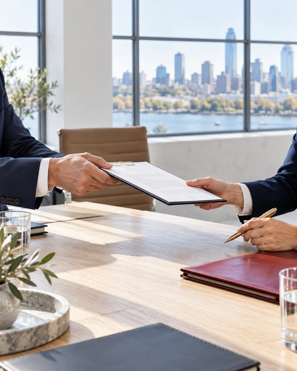 Advisors exchanging a document across a pale oak table beside a bright window